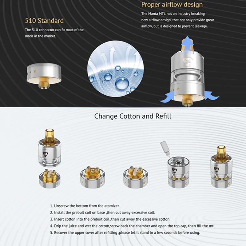 Advken Manta V2 MTL 22 мм RTA 2 мл емкость перестраиваемый бак PEI капельный наконечник