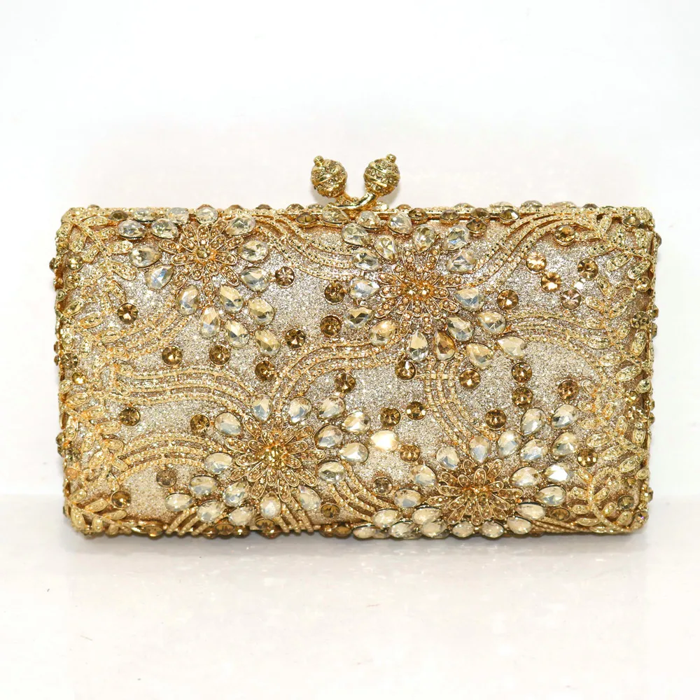 Latest Wedding Party Crystal Clutch Handbag New Style Metallic Hollow Out Crystal Floral Women Evening Clutch Bag High Quality