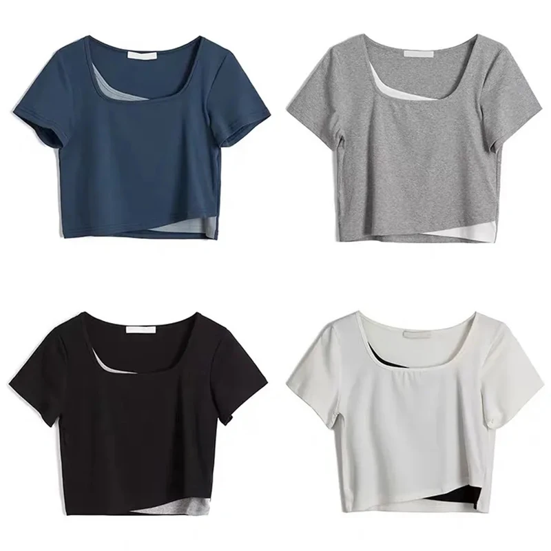 

New Women's Irregular T-shirt Summer Harajuku Vintage Crop Tee Square collar Tops Basic Plain Shirts for Women Tee Streetwear