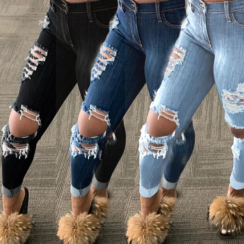 

FNOCE 2020 new women's ripped jeans pants large size fashion trends casual solid high waist tight stretch hole slim pencil pants
