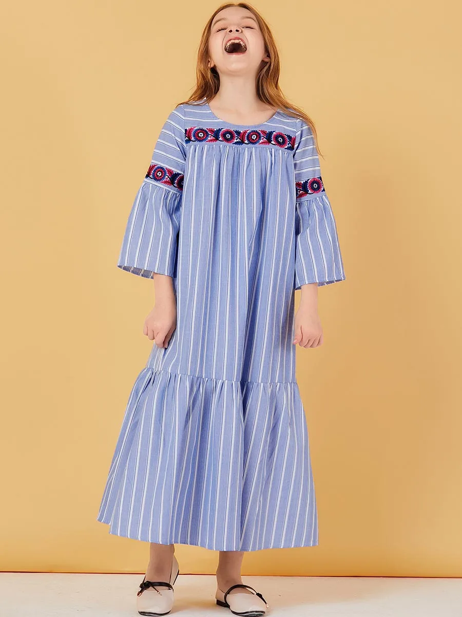 Милое Платье для мусульманских девочек Детские плиссированные платья в полоску