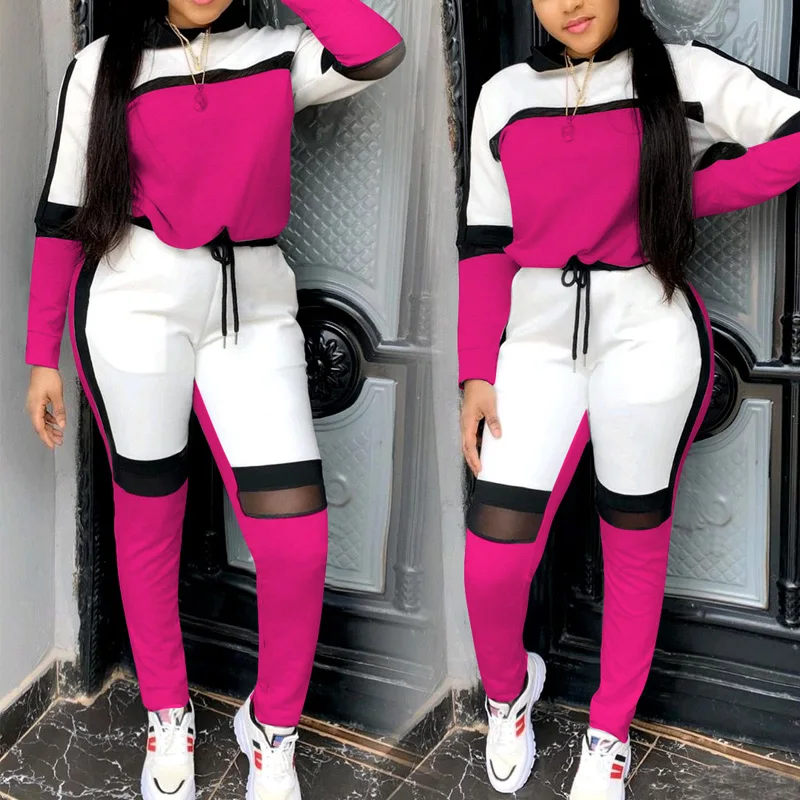 

7 colors Elegant Women Two piece set tracksuit Mesh Patchwork Slim Hoody Tops and skinny pant Sportwear