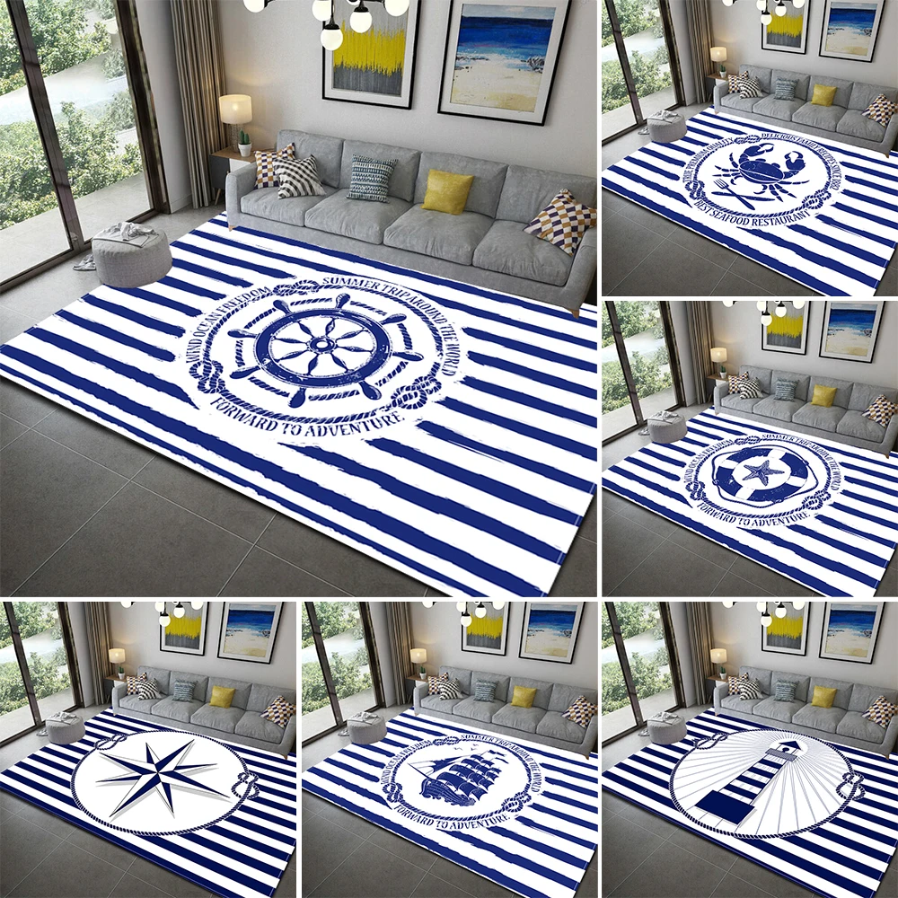 

Stripe Dark Blue Ocean Area Rug Anchor Boat Decor Rug Floor Mat Soft Flannel Memory Foam Carpet for Living Room Bathroom Kitchen
