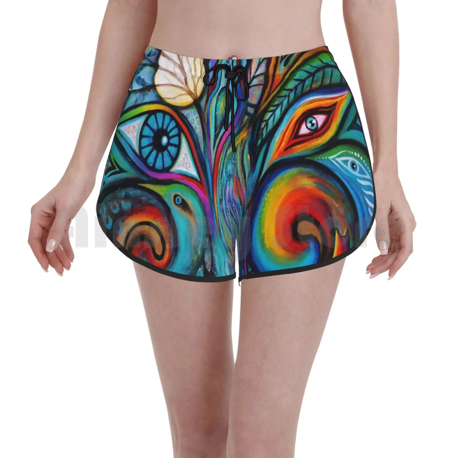 

Moon Magic Swim Shorts Women Beach Shorts Tree Of Life Birds Spirits Cat Moon Visionary Art Abstract Surreal Dream Scape