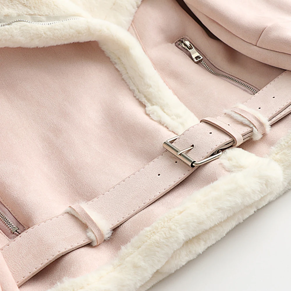 Winter Lambs Wool Jacket Women Thick Long Sleeve Cotton Padded Warm Suede Faux Shearling Sheepskin Fur Motorcycle Coat | Женская одежда