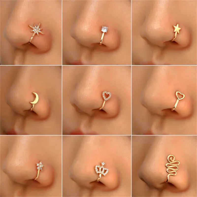 

2Pc Copper Fake Piercing Nose Ring Heart Star Crown Clip On Nose Ear Clip Cuff Earring For Women Girl Gift Body Jewelry nariz