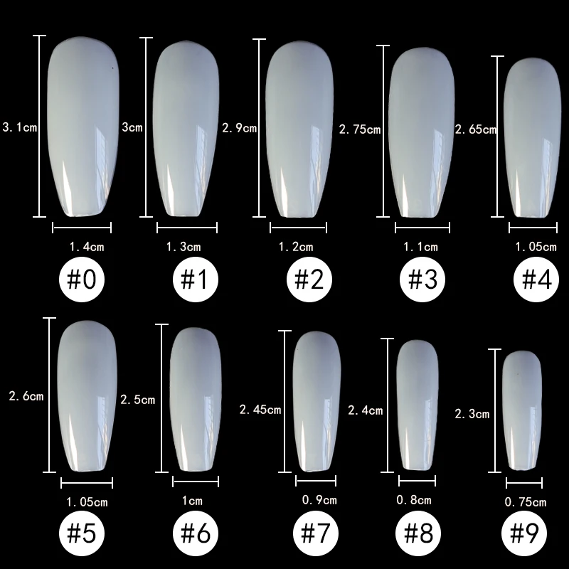 

500pcs/Bag 10 Sizes Ballerina Nail Art Tips Clear/Natural Flat Shape Full Cover Manicure Fake Nail Tips
