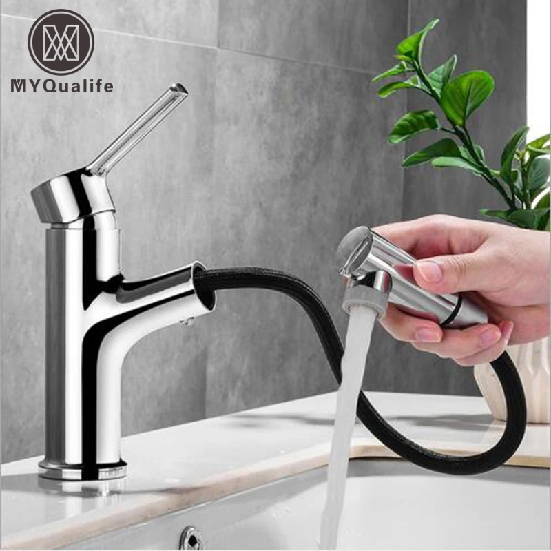 Хромированный выдвижной кран для раковины на бортике смеситель ванной комнаты