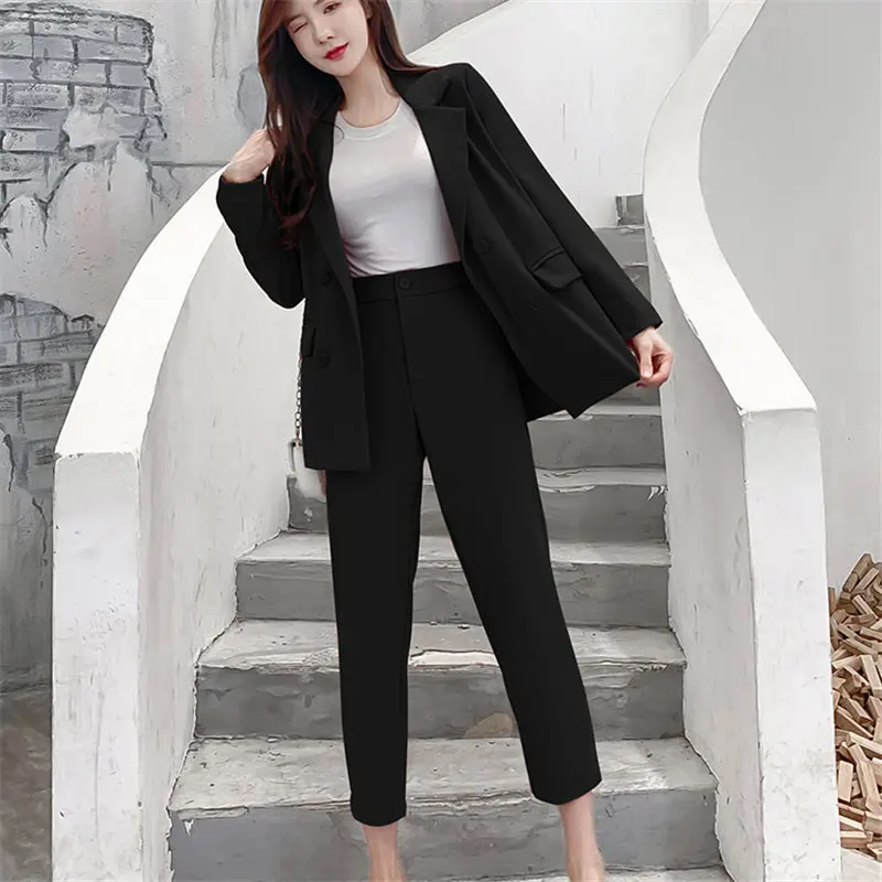 

HziriP New Solid Chic 2020 Elegance Slim Gentle All Match OL Blazer +Straight Loose Trouser Office Lady Women Suits 2 Piece Sets