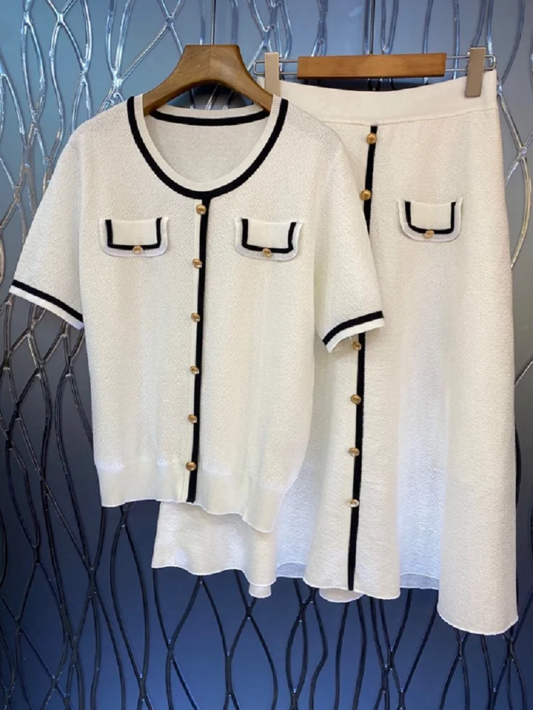 

Женский комплект из Свитера и юбки, повседневный трикотажный кардиган контрастных цветов и трапециевидная юбка на пуговицах, Осень-зима 2023