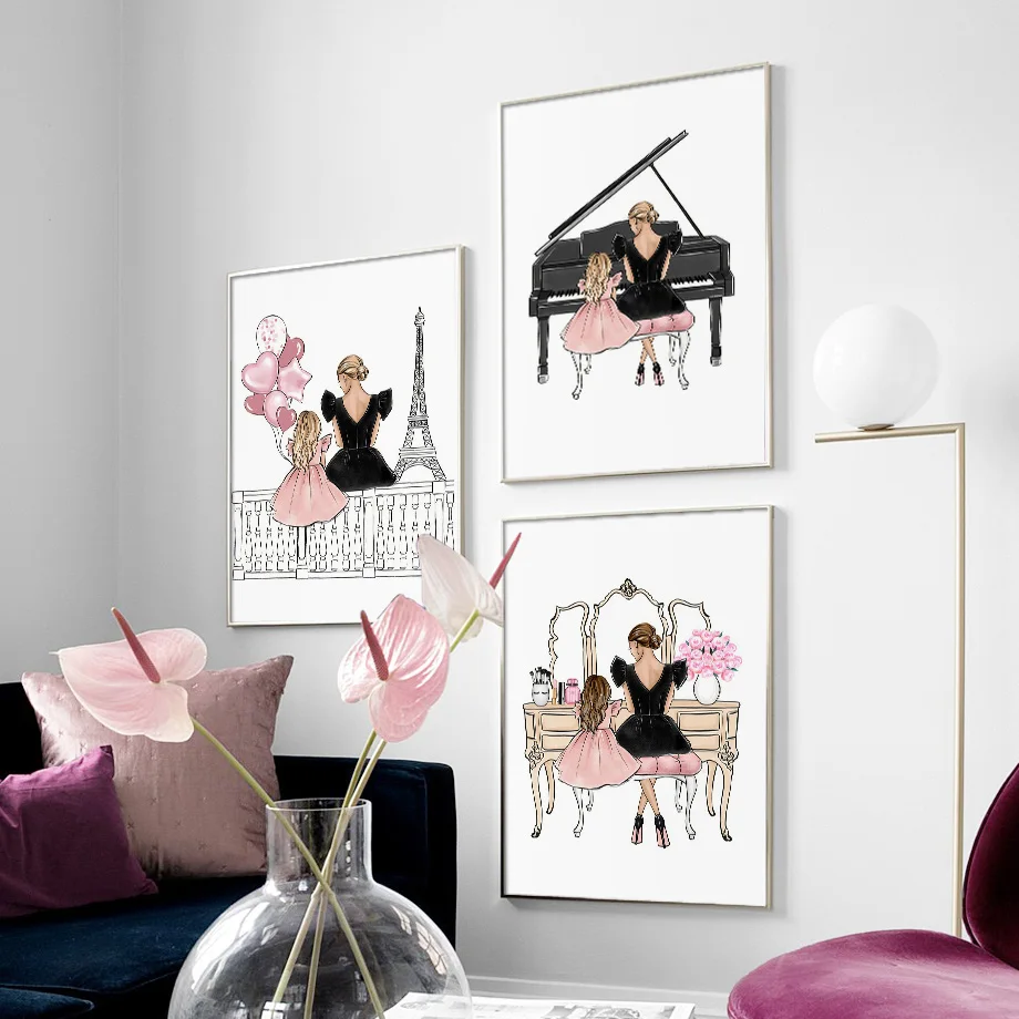 Картина на холсте модная мать любовь маленькая девочка рояль скандинавский