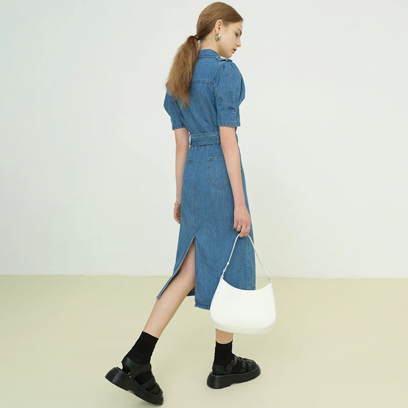 

[EAM] Women Blue Denim Bandage Long Dress New Lapel Short Puff Sleeve Loose Fit Fashion Tide Spring Summer 2021 1DD8721