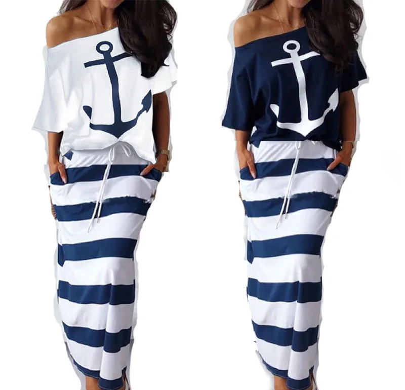 

2021 navy casual anchor print short-sleeved T-shirt + skirt suit