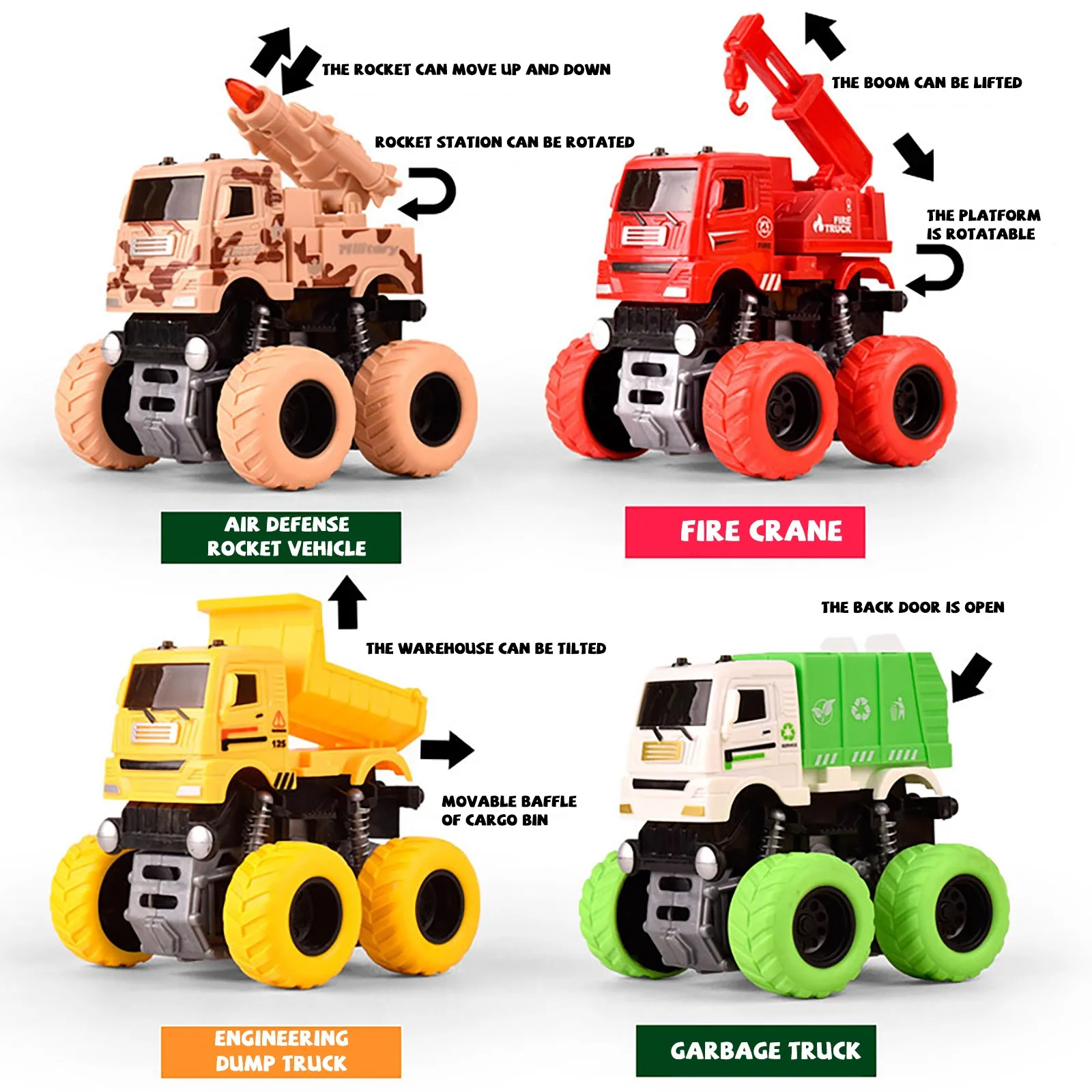 

4-Pack Friction Powered Toy Car Push and Go Vehicles Engineering Car Military Car Gift Kids RC Car Toys for Children Outdoor Toy