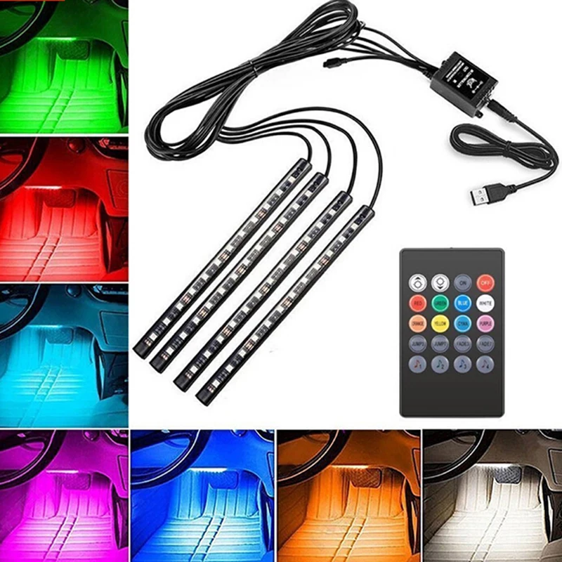 

4x 12LED RGB Car Interior Atmosphere Footwell Strip Light USB Charger Decor Lamp