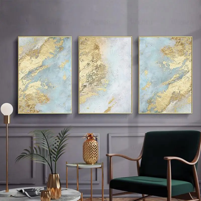 

Nordic Minimalist Abstract Gold Blue Canvas Painting Poster Wall Art Elegant Picture for Living Room Modern Home Decoration
