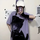 Необычная футболка с коротким рукавом для девушек, женский летний свободный Фиолетовый Топ средней длины в новом стиле Харадзюку в корейском ретро-стиле с мультяшным принтом