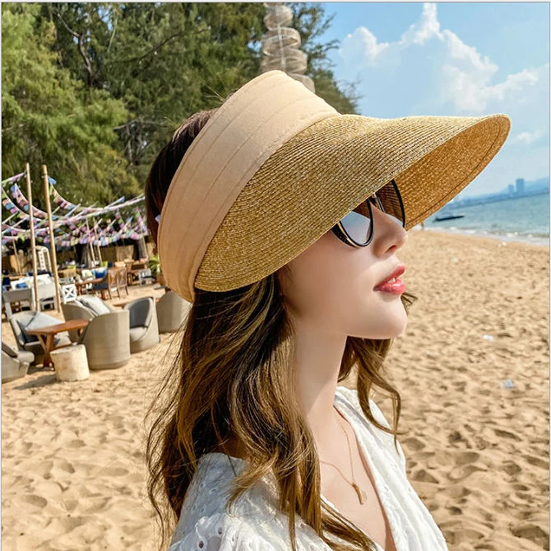 

2020 New Foldable Vacation Visor Caps For Women Empty Top Sun Hat Summer UV Beach Hats Velcro Adjustable Head Circumference