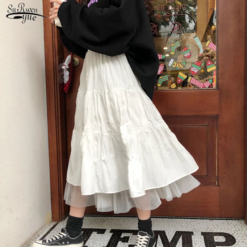 

Mesh Elastic Waist Black White Skirt Elegant Solid High Waist Pleated Skirt A-line Empire Casual Tulle Vintage Party Skirt 17078