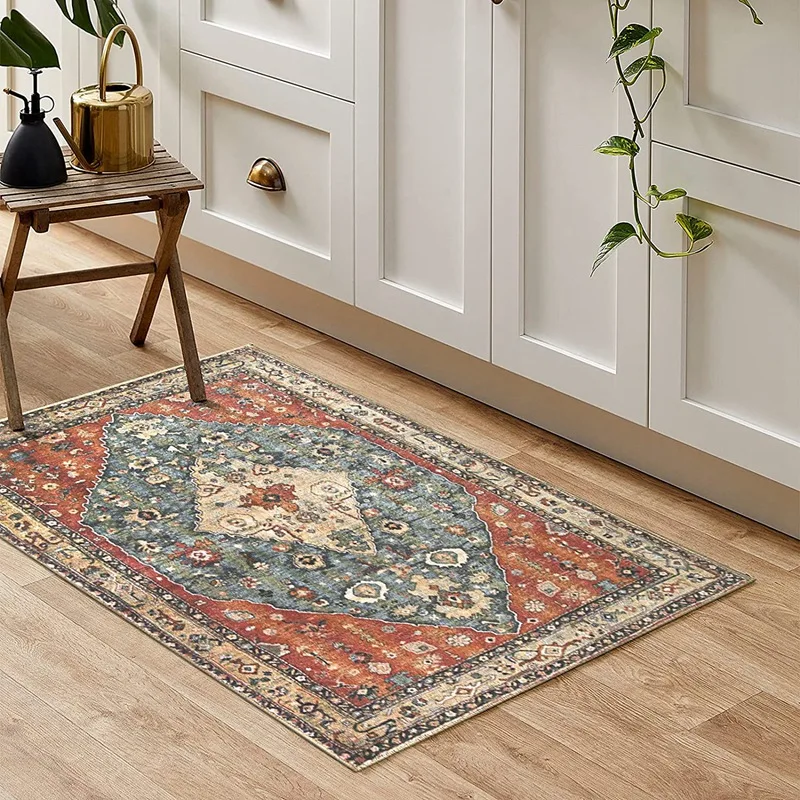 

Distressed Entryway Rug Doormat Bohemian Faux Wool Floor Carpet for Indoor Front Entrance Kitchen Bathroom