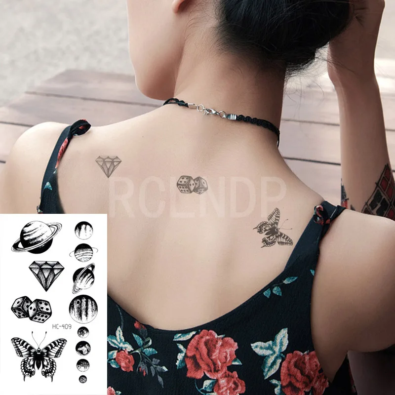 

Waterproof Temporary Tattoo Sticker Planet Moon Butterfly Diamond Dice Shape Flash Tatoo Fake Tatto Body Art for Women Men