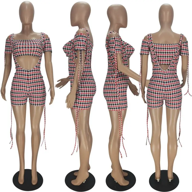 

ZOOEFFBB Sexy Plaid Two Piece Set Vacation Outfits Off Shoulder Tank Top and Overalls Loungewear Matching Sets for Women Clothes