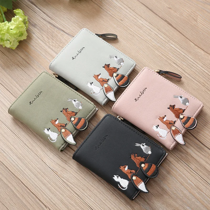 

Fashion Women's Wallet Zipper Multiple Cards Holders PU Leather Student Cute Clutch Small Animal Applique Patterns Coin Purse