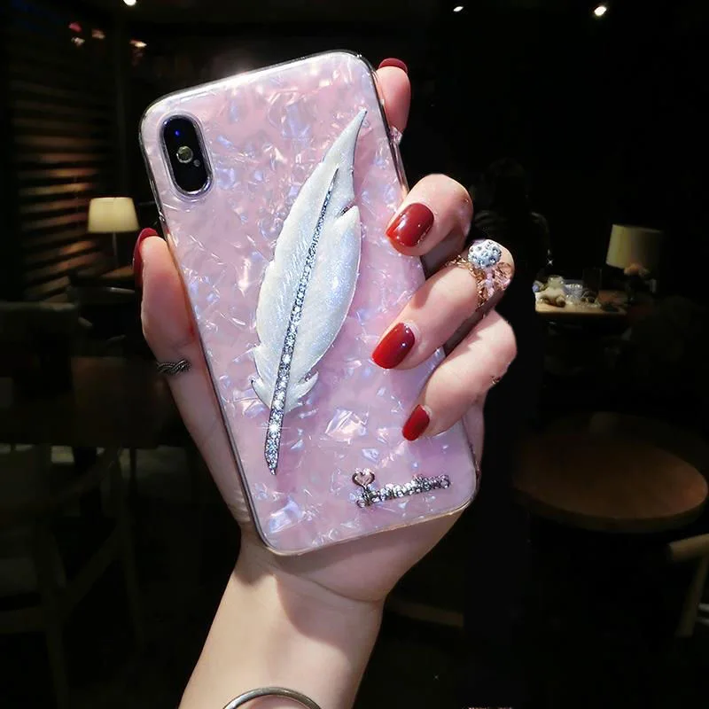 

3D Luxury Feather Shell Soft Phone Case for iPhone 12 Pro Max Mini 11 XS Max XS XR SE X 8 7 6 6s Plus Bling Cover With Lanyard