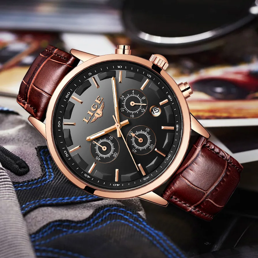 

LIGE 8903 Man High Quality Leather Luxury Business Wristwatches Waterproof Multifunctional Quartz Sports Male Watch Clock