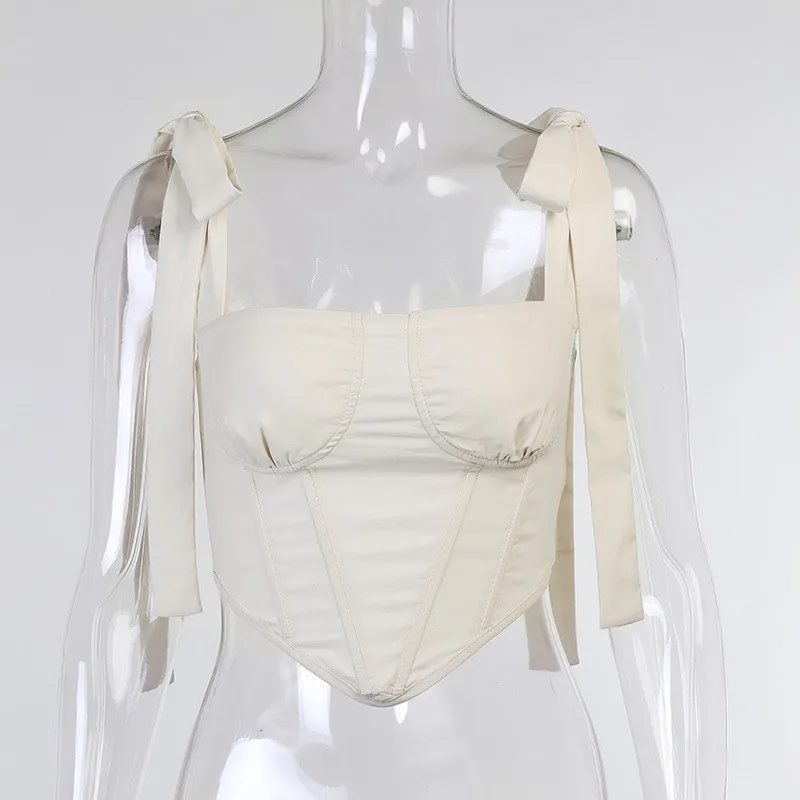 

2021 New Summer Crop Tops Women Camis Fashion Tie Up Sexy Club Slash Neck Sleeveless Slim Solid Backless Bodycon Female Camisole