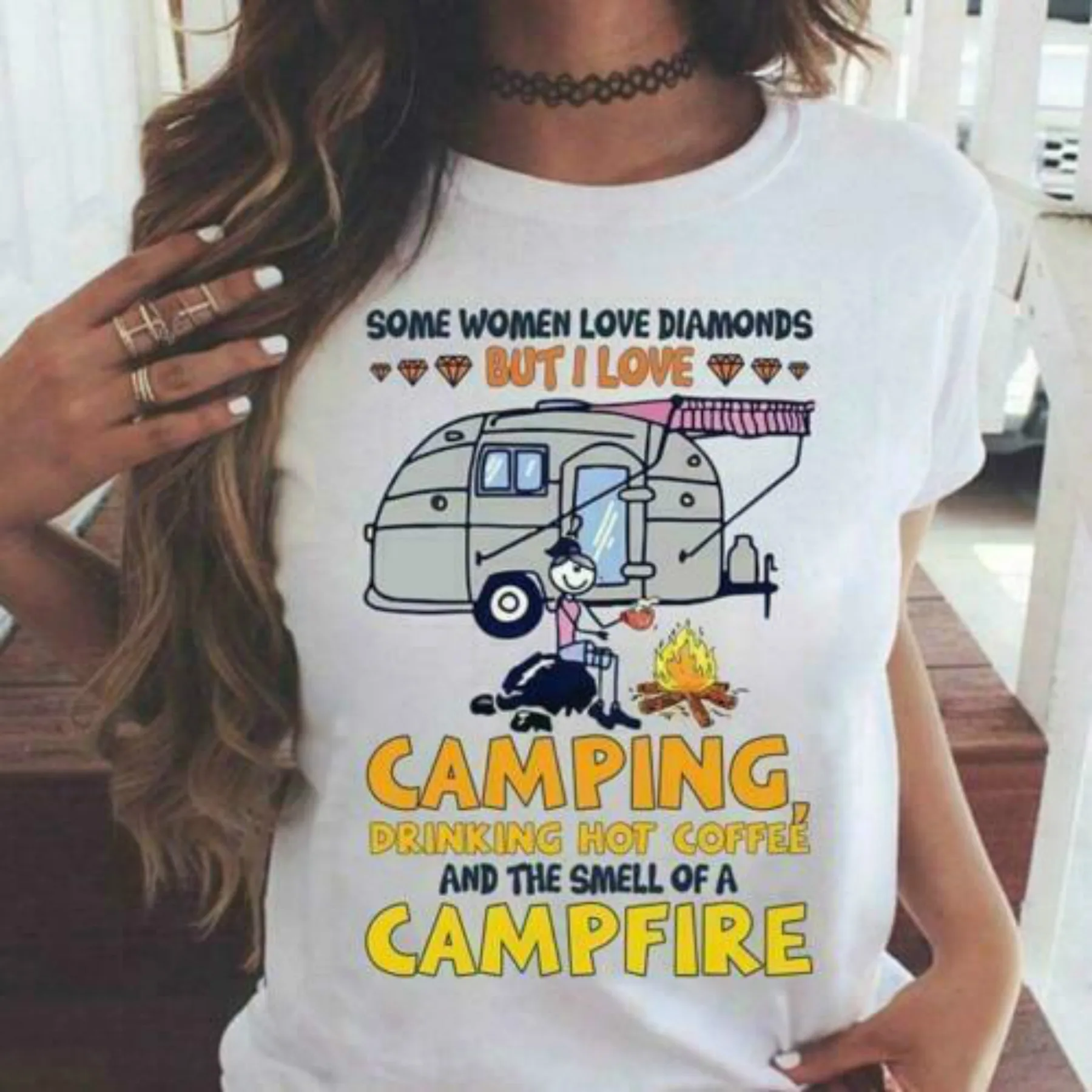 

Some Women Love Diamonds But I Love Camping Drinking Hot Coffee Ladies T-Shirt