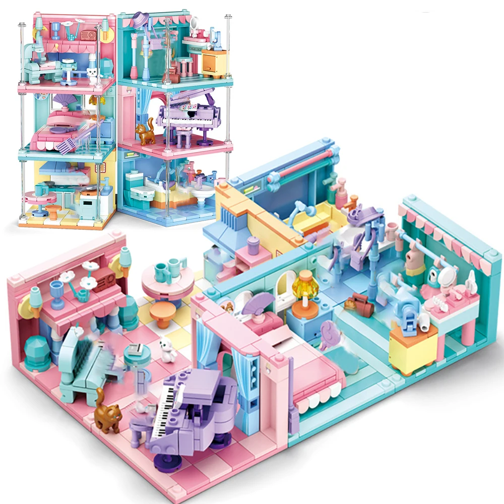 

6in1 for Friends Fit Lego Girl Toys Study Room Bedroom Bathroom Building Blocks Kitchen Dressing Piano Rooms Bricks Constructor