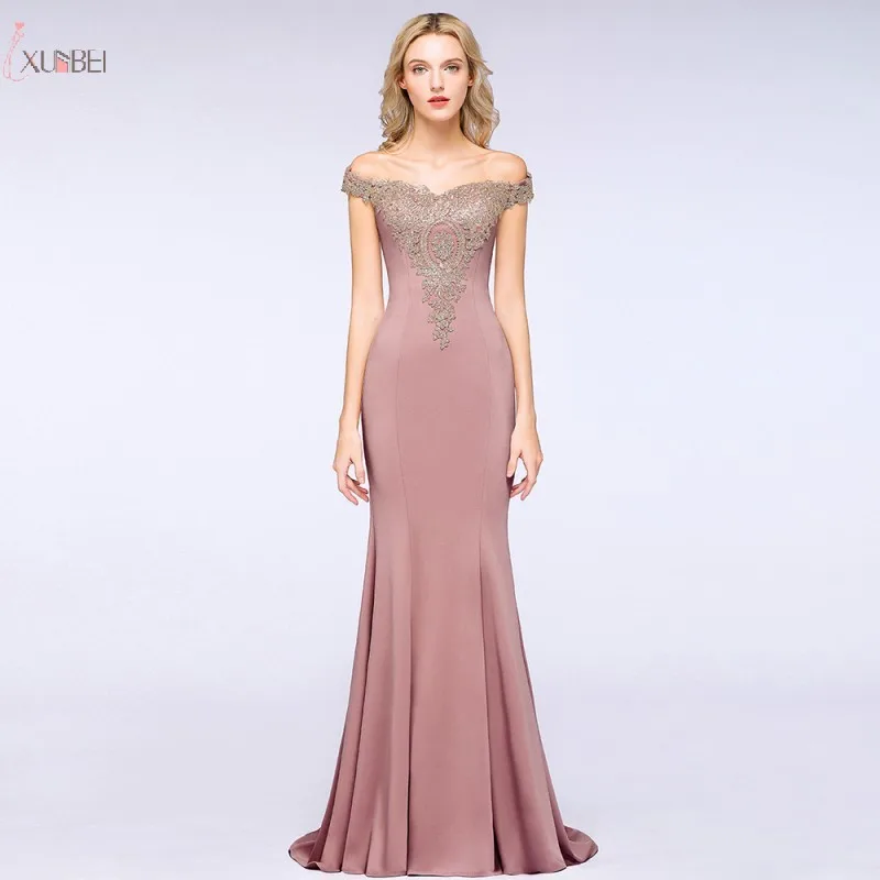 

Pink Mermaid Long Bridesmaid Dresses 2019 Off The Shoulder Wedding Party Guest Gown Applique Rhinestone vestido madrinha
