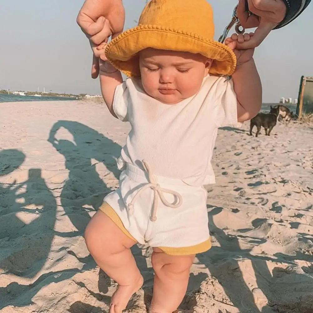 2020 New Summer Solid Color Pit Strip Fabric 9 Colors Optional Short-Sleeved Shirt Shorts Suit Boy Girl Baby Clothes + Pants | Детская