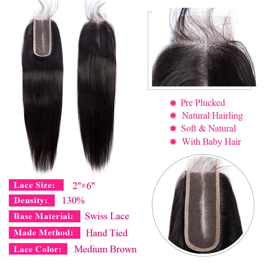 VIP beauty, перуанские прямые волосы remy, пряди с закрытием, натуральные черные волосы с 2x6, на шнуровке, средняя часть