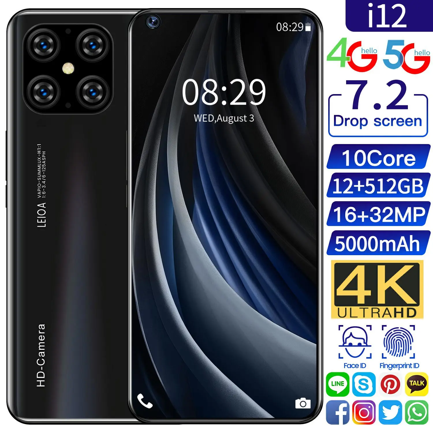 

I12 Pro Cellphones Smartphones 7.2inch 12 GB 512 GB 16MP+32MP 5000mAh Really Telephone MTK6875 10Core 5g Smartphone Android 10