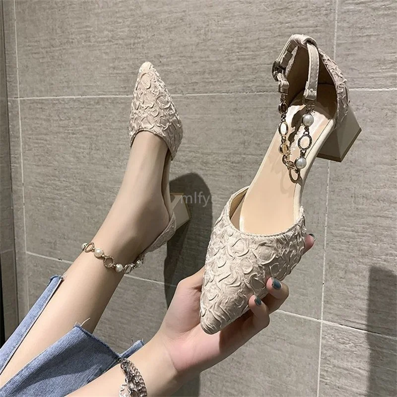 

Sandals women's summer mid-heel thick heel pointed bag heel beaded women's shoes 2021new wrinkled surface rhinestone shoes women