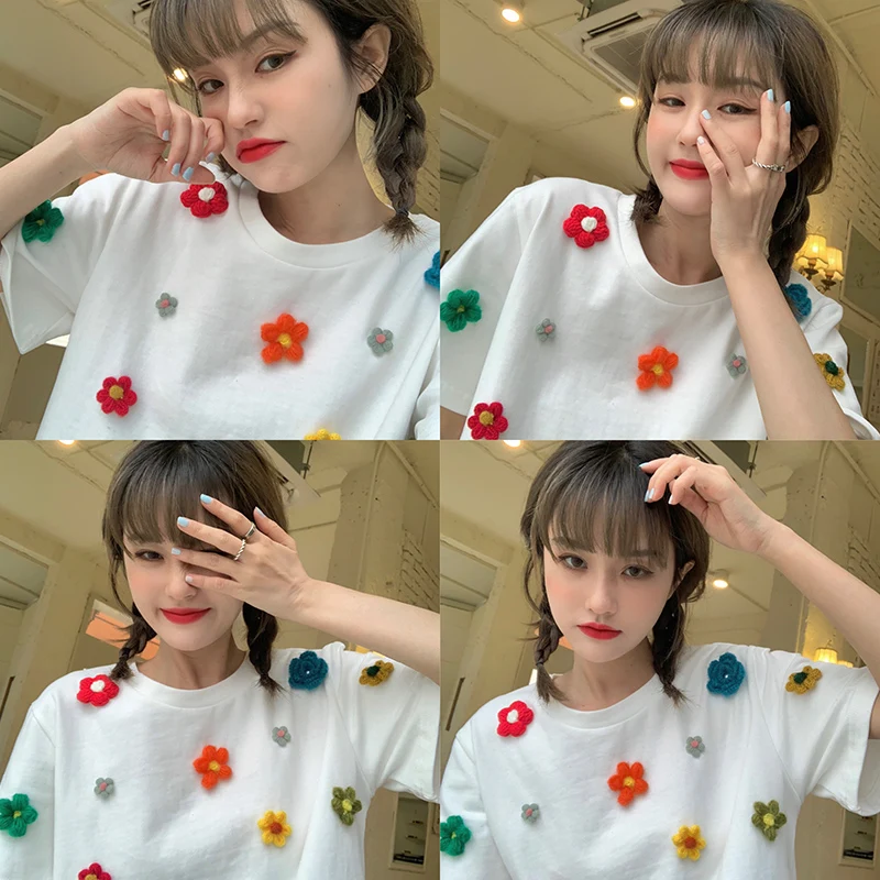 

Japanese Cute Girl round Neck Loose Short Sleeves T-shirt 2021 Summer New Student Three-Dimensional Flower Hong Kong Style Top