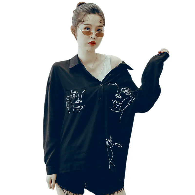 

Printed Mid-length Long-Sleeve Shirt-Style Korean-style Loose-Fit Top Hand Painted Portrait Printed Top Women's