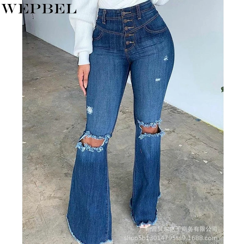 

WEPBEL Jeans Women's Casual Slim Ripped Jeans Autumn Fashion High Waist Single Breasted Solid Color Denim Flare Pants