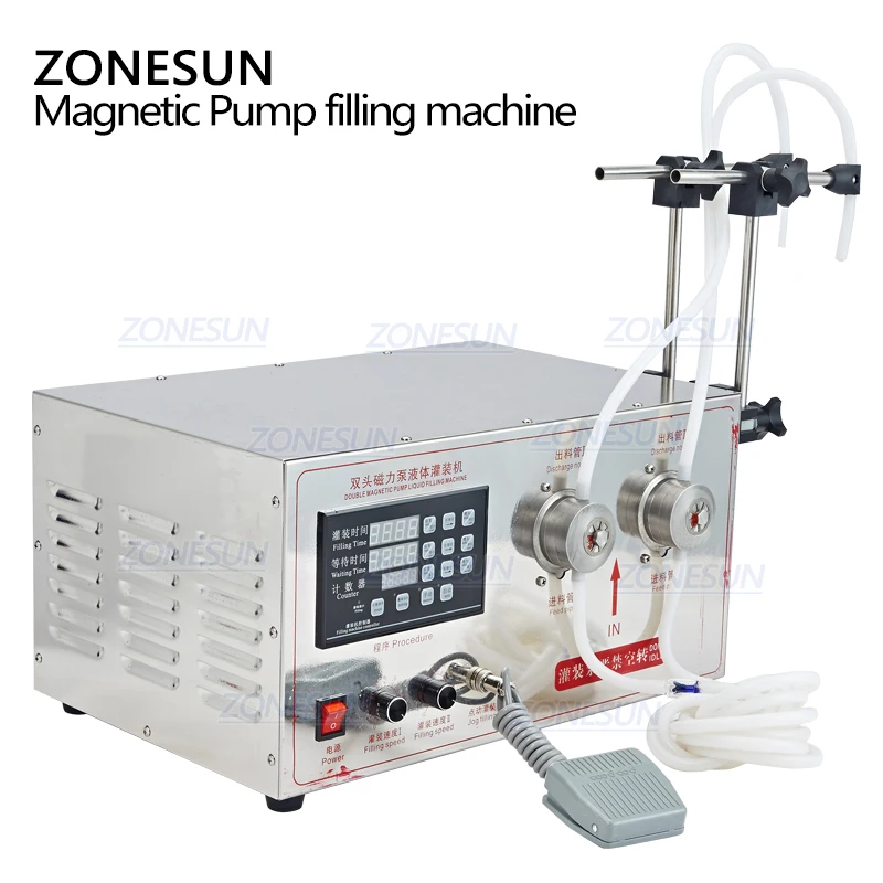 

ZONESUN YG2 Magnetic Pump Electric 2 Heads Soft Drink Brewery Food Beverage Essential Oil Spray Bottle Liquid Filling Machine