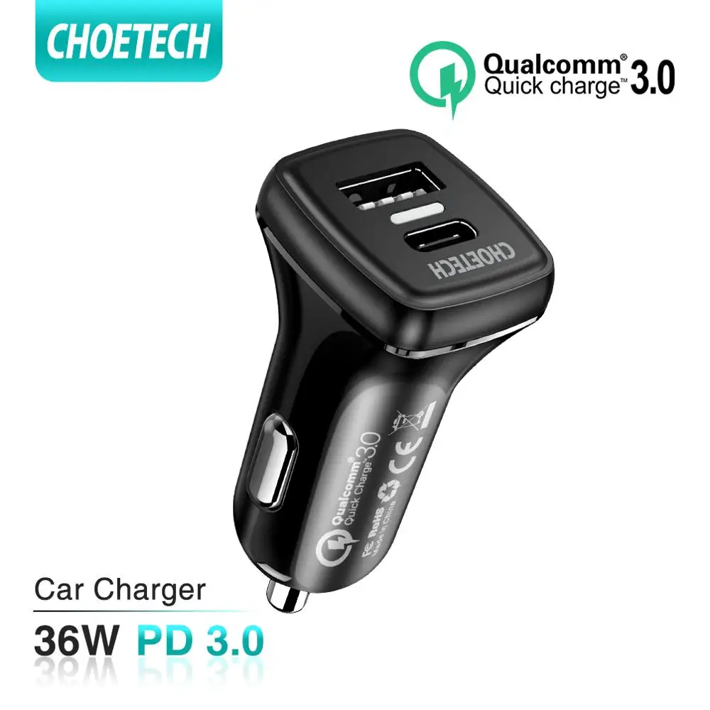CHOETECH 36 Вт автомобильное зарядное устройство с Type C PD быстрое для iPhone 11 Pro Quick Charge 4 0 3