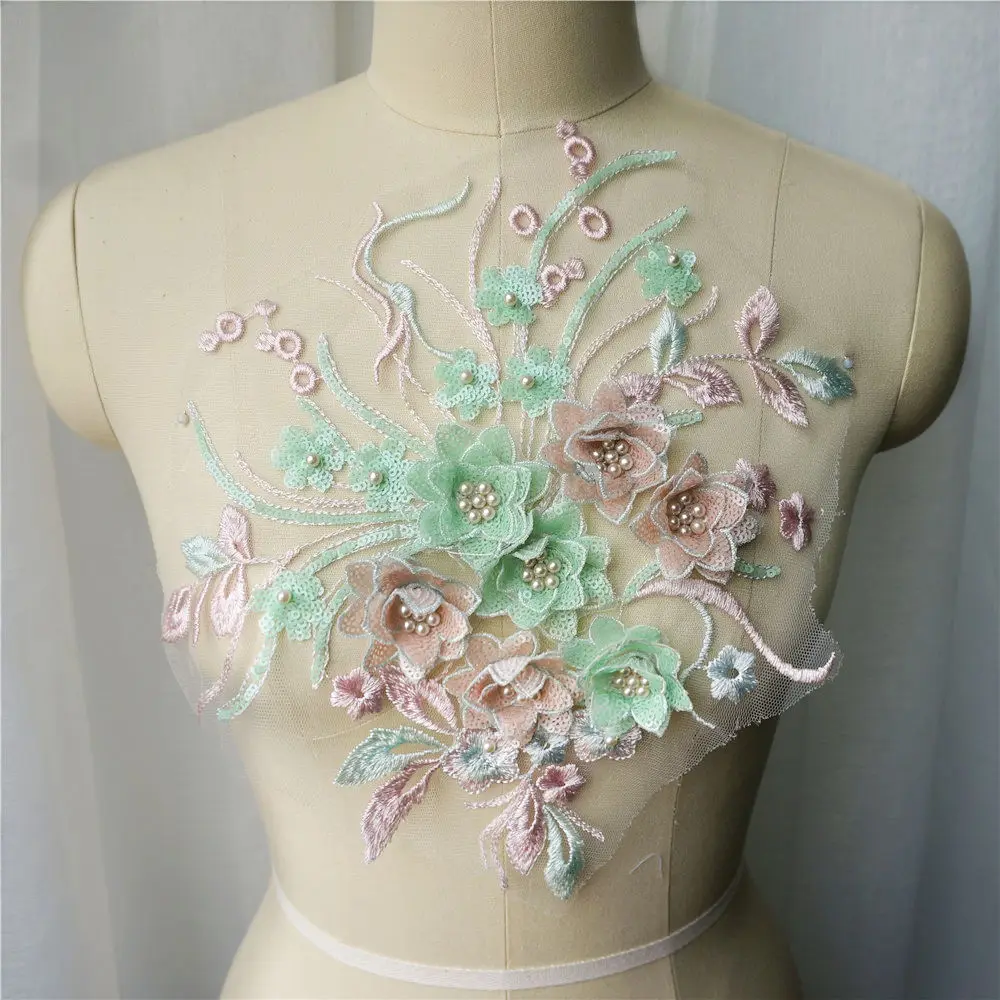 Зеленые розовые 3D Цветочные кружевные тканевые бусины с блестками бахромой