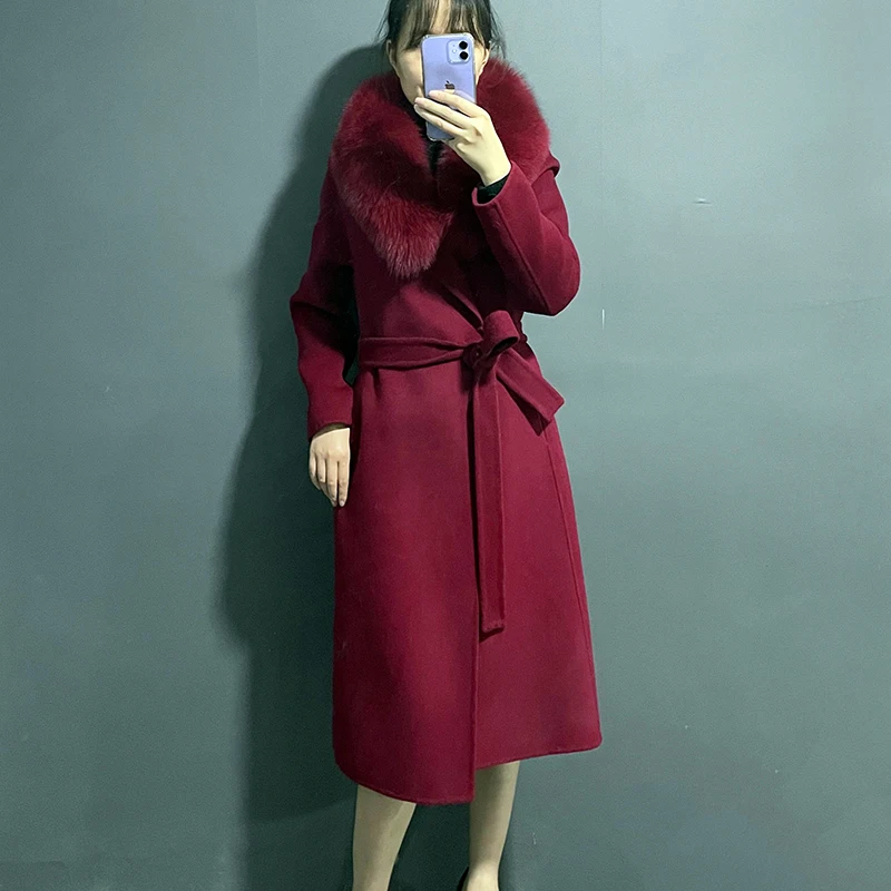 

W2108 шерстяное Женское пальто с поясом и воротником из натурального Лисьего меха, простой дизайн