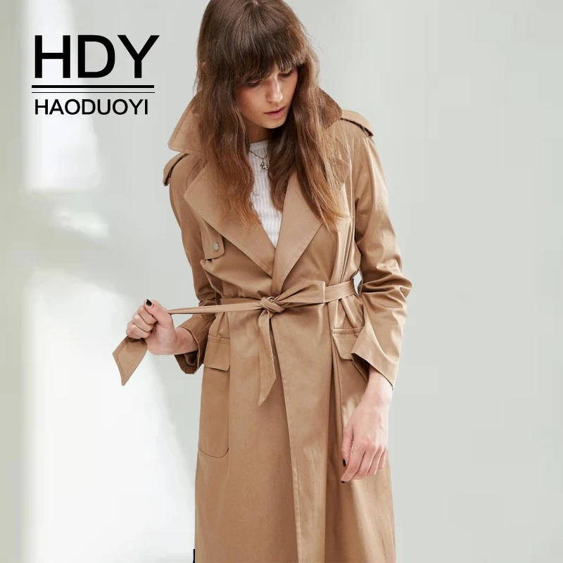 HDY Haoduoyi 2019 Стильный женский осенний плащ цвета хаки модный классический тренч для