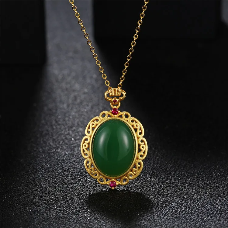 

Кулон из халцедона в древнем стиле с имитацией золота, Женское Ожерелье из зеленого агата. Великолепные Украшения В Ретро национальном стил...