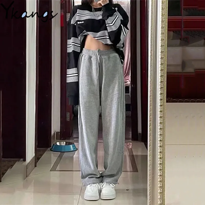 

Y2k Casual Korean Straight Elastic High Waist Trousers Joggers Women Pants Striped Long Sleeve Sweatshirt Loose Sport Suit Femme