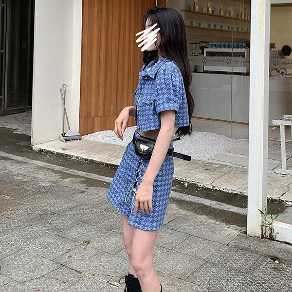 

Summer new blue thousand bird check two-piece jacket high split skirt fried Street age reduction suit Asakawa wine one