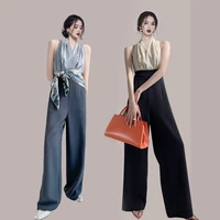 elegant jumpsuit woman summer outfit halter sleeveless stitching straight high waist rompers playsuits female overalls
