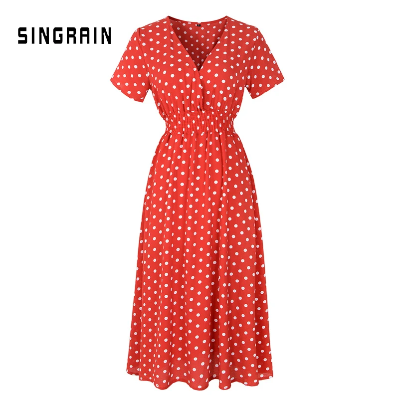 SINGRAIN летнее женское шифоновые богемном платье V цветочным платья пляжные горошек